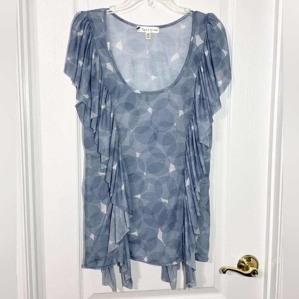 Piper & Sparrow Ruffle Trim Circle Print Sleeveless Knit Blouse Blue Sz Medium